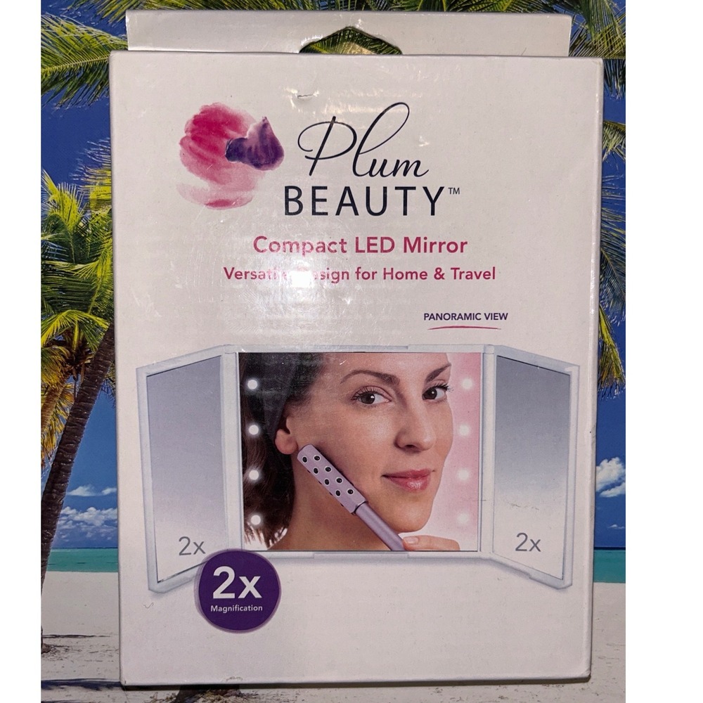 Plum Beauty Compact LED Mirror 2x Magnification‎ White Tri-fold Model 8229p NEW